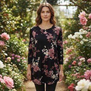 J. Jill Floral Tunic Top Medium Wearever Black Blossom Pleated 3/4 Sleeve Blouse